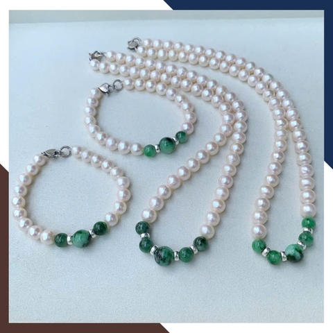 Bộ trang sức ngọc trai thật mix ngọc cẩm thạch tự nhiên BTSNT182 – Quà tặng mẹ Sang trọng