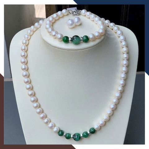 Bộ trang sức ngọc trai thật mix ngọc cẩm thạch tự nhiên BTSNT182 – Quà tặng mẹ Sang trọng