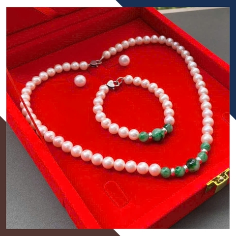 Bộ trang sức ngọc trai thật mix ngọc cẩm thạch tự nhiên BTSNT182 – Quà tặng mẹ Sang trọng