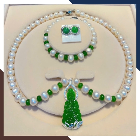 Bộ trang sức ngọc trai cho mẹ mix Phật bằng đá phong thuỷ bọc bạc BTSNT188 – Bình an, sang trọng & viên mãn