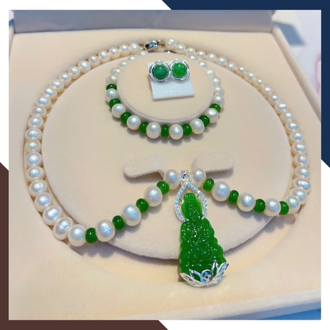 Bộ trang sức ngọc trai cho mẹ mix Phật bằng đá phong thuỷ bọc bạc BTSNT188 – Bình an, sang trọng & viên mãn