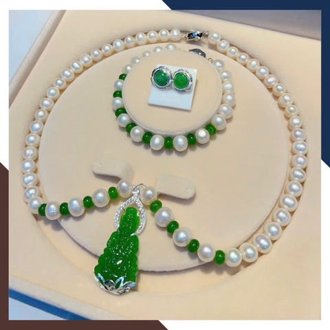 Bộ trang sức ngọc trai cho mẹ mix Phật bằng đá phong thuỷ bọc bạc BTSNT188 – Bình an, sang trọng & viên mãn