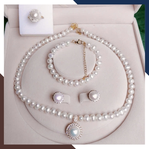 Bộ Trang Sức Ngọc Trai Cho Mẹ Phối Bạc Hình Hoa Đính Đá Sang Trọng BTSNT86