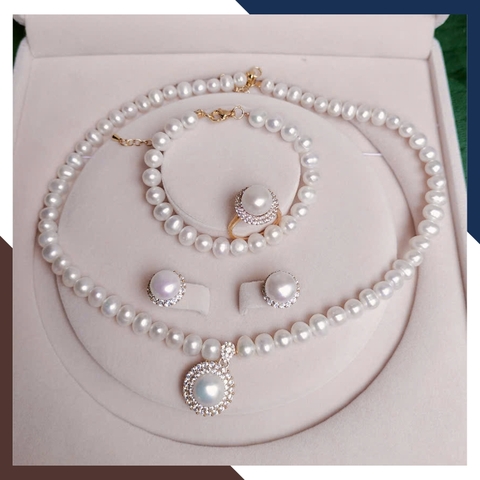 Bộ Trang Sức Ngọc Trai Cho Mẹ Phối Bạc Hình Hoa Đính Đá Sang Trọng BTSNT86