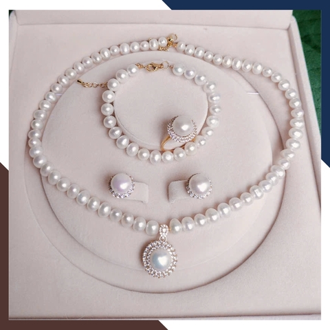 Bộ Trang Sức Ngọc Trai Cho Mẹ Phối Bạc Hình Hoa Đính Đá Sang Trọng BTSNT86