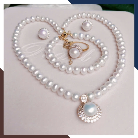 Bộ Trang Sức Ngọc Trai Cho Mẹ Phối Bạc Hình Hoa Đính Đá Sang Trọng BTSNT86