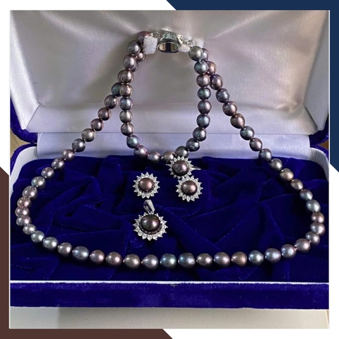 Bộ Trang Sức Ngọc Trai Đen Cao Cấp Phối Bạc Xi Bạch Kim BTSNT89 | Ngọc Trai Thật