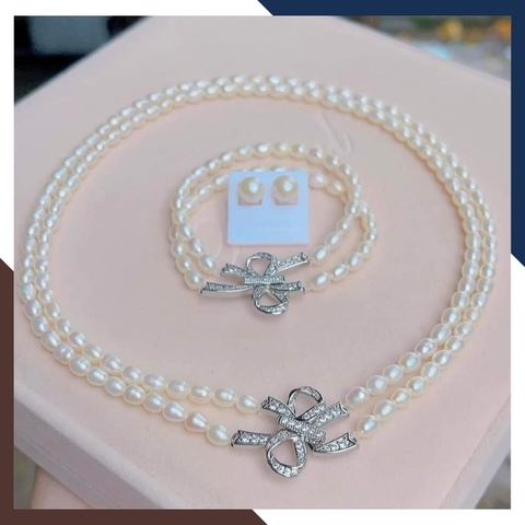 Bộ trang sức ngọc trai gạo 2 vòng dáng choker khóa nơ mặc áo dài cho nữ trẻ trung mã 78K70T220