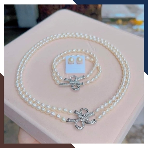 Bộ trang sức ngọc trai gạo 2 vòng dáng choker khóa nơ mặc áo dài cho nữ trẻ trung mã 78K70T220