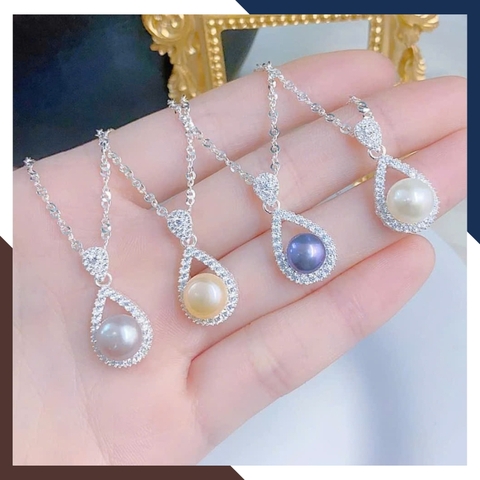 Bộ trang sức ngọc trai màu trắng hồng tím đen khung bạc xi bạch kim cho nữ đẹp mã 89AC765