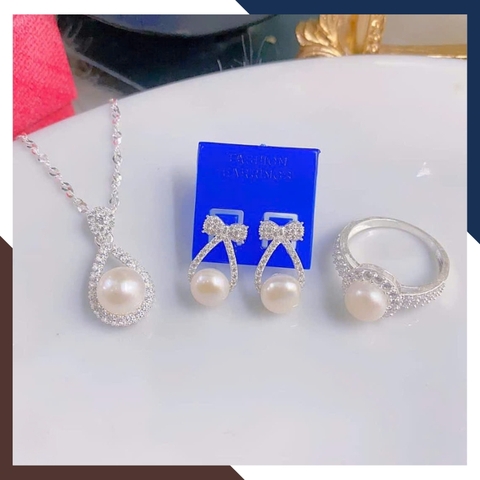 Bộ trang sức ngọc trai màu trắng hồng tím đen khung bạc xi bạch kim cho nữ đẹp mã 89AC765