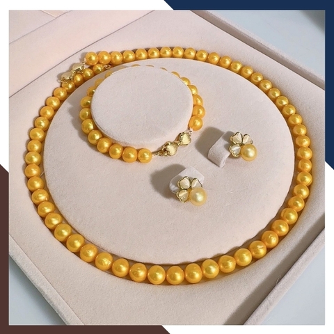 Bộ trang sức ngọc trai màu vàng kim cao cấp, mẫu vòng ngọc trai mặc áo dài đẹp cho nữ mã 89AC885