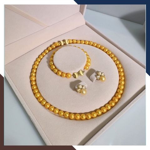 Bộ trang sức ngọc trai màu vàng kim cao cấp, mẫu vòng ngọc trai mặc áo dài đẹp cho nữ mã 89AC885