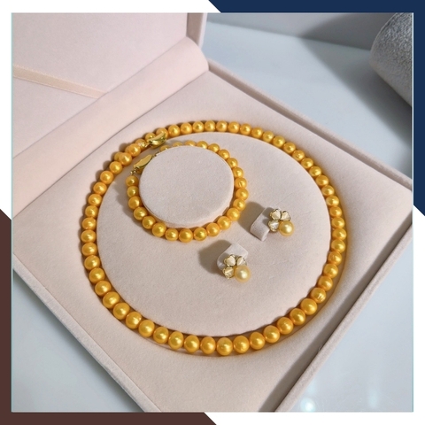 Bộ trang sức ngọc trai màu vàng kim cao cấp, mẫu vòng ngọc trai mặc áo dài đẹp cho nữ mã 89AC885