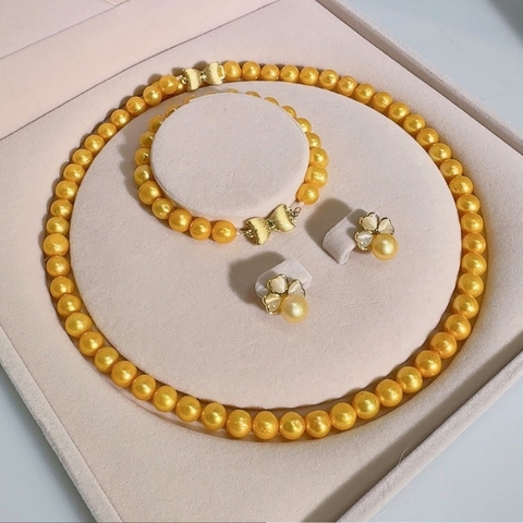 Bộ trang sức ngọc trai màu vàng kim cao cấp, mẫu vòng ngọc trai mặc áo dài đẹp cho nữ mã 89AC885
