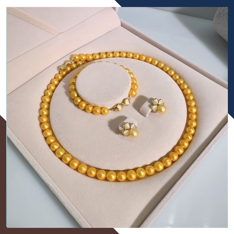 Bộ trang sức ngọc trai màu vàng kim cao cấp, mẫu vòng ngọc trai mặc áo dài đẹp cho nữ mã 89AC885