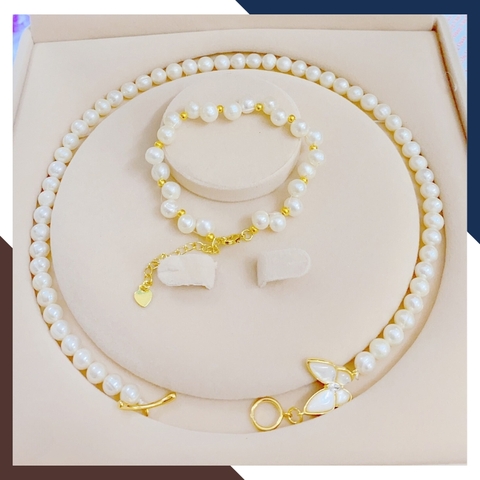 Bộ trang sức ngọc trai thật 7 ly khóa bướm mã BTSNT04