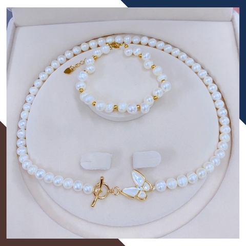 Bộ trang sức ngọc trai thật 7 ly khóa bướm mã BTSNT04