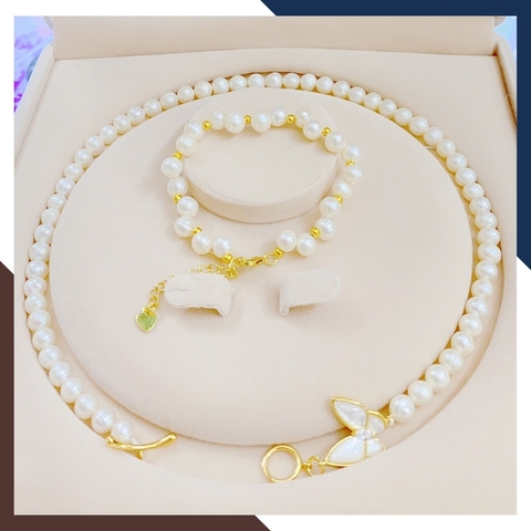 Bộ trang sức ngọc trai thật 7 ly khóa bướm mã BTSNT04