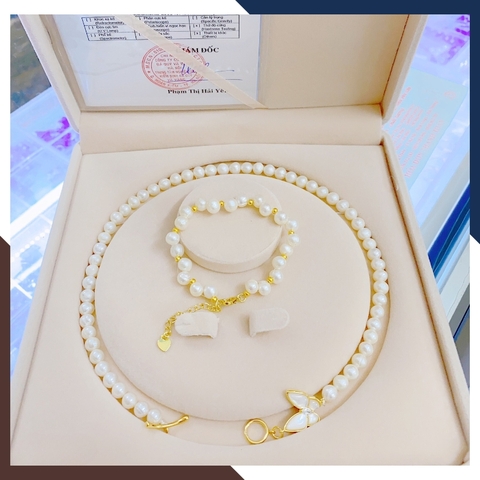 Bộ trang sức ngọc trai thật 7 ly khóa bướm mã BTSNT04