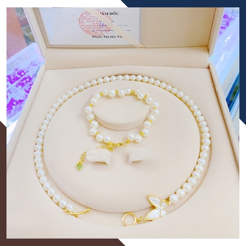 Bộ trang sức ngọc trai thật 7 ly khóa bướm mã BTSNT04