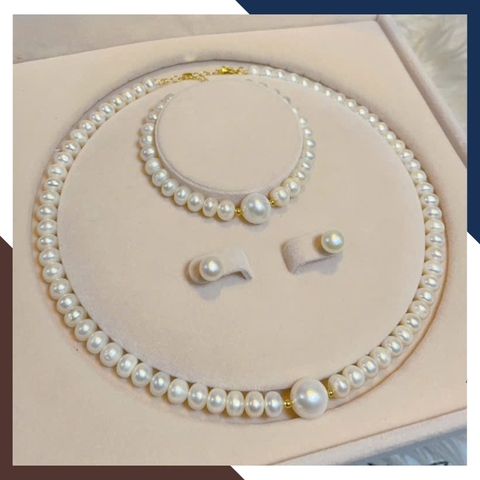 Bộ Trang Sức Ngọc Trai Thật 7–8mm Phối Viên Lớn 9-10mm Mix Bi Bạc Xi Vàng BTSNT193