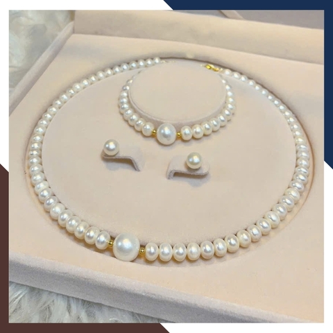 Bộ Trang Sức Ngọc Trai Thật 7–8mm Phối Viên Lớn 9-10mm Mix Bi Bạc Xi Vàng BTSNT193