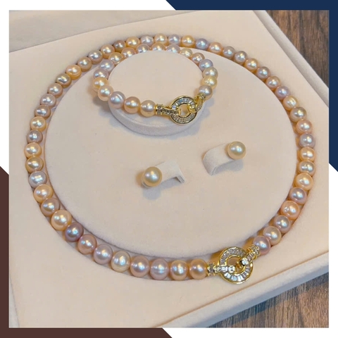 Bộ Trang Sức Ngọc Trai Thật 9–10mm Mix Tím & Hồng Cam BTSNT191 - Khóa Đính Đá Gate Nổi Bật