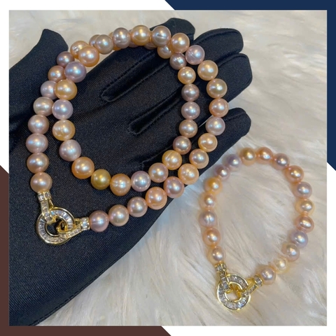 Bộ Trang Sức Ngọc Trai Thật 9–10mm Mix Tím & Hồng Cam BTSNT191 - Khóa Đính Đá Gate Nổi Bật