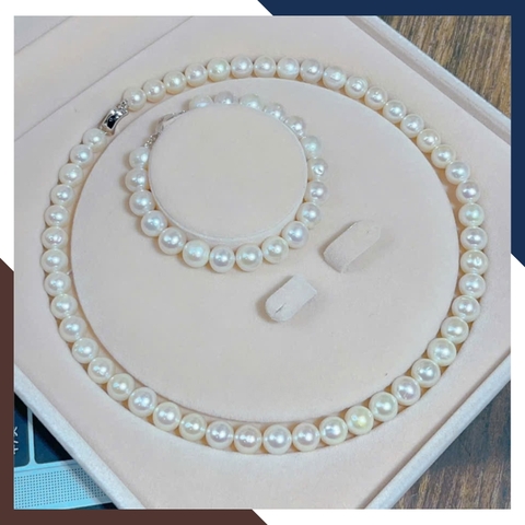 Bộ Trang Sức Ngọc Trai Thật Cao Cấp Hạt To 9–10mm Kiểu Trơn Đơn Giản BTSNT225