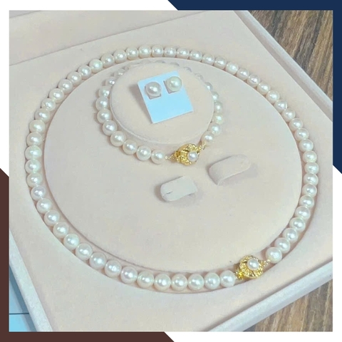 Bộ Trang Sức Ngọc Trai Thật Cao Cấp Mix Khoá Mạ Vàng Đính Ngọc Trai Nổi Bật BTSNT226