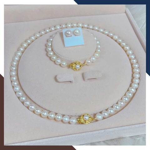 Bộ Trang Sức Ngọc Trai Thật Cao Cấp Mix Khoá Mạ Vàng Đính Ngọc Trai Nổi Bật BTSNT226