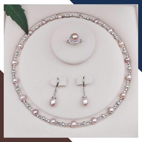 Bộ Trang Sức Ngọc Trai Thật Cho Nữ Mặc Áo Dài BTSNT139 – Màu Tím Nhẹ Nhàng, Tinh Tế