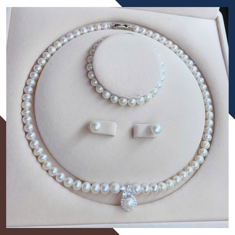 Bộ trang sức ngọc trai thật có mặt bạc hình nơ BTSNT185 – Sang trọng, tinh tế và nữ tính