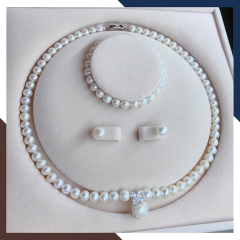 Bộ trang sức ngọc trai thật có mặt bạc hình nơ BTSNT185 – Sang trọng, tinh tế và nữ tính