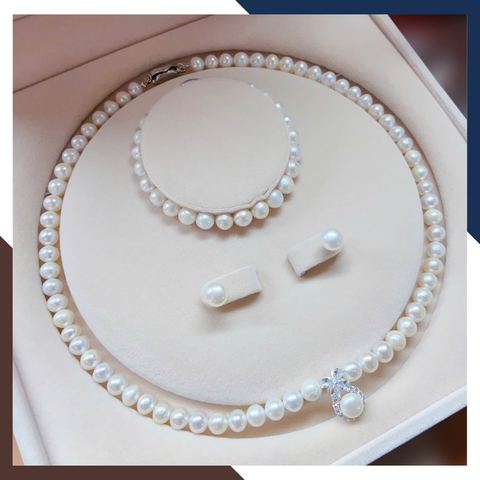 Bộ trang sức ngọc trai thật có mặt bạc hình nơ BTSNT185 – Sang trọng, tinh tế và nữ tính