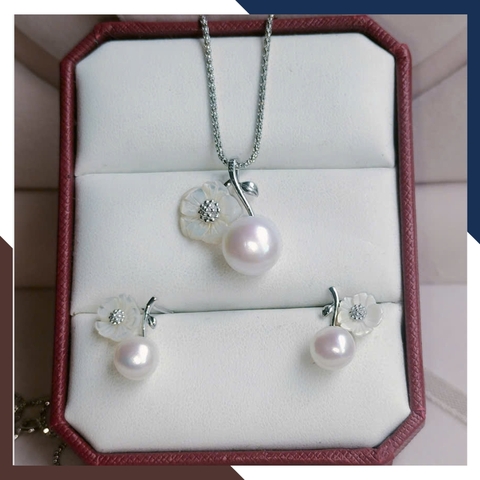 Bộ Trang Sức Ngọc Trai Thật Gồm Dây Chuyền Và Bông Tai Hình Hoa Phối Bạc BTSNT85