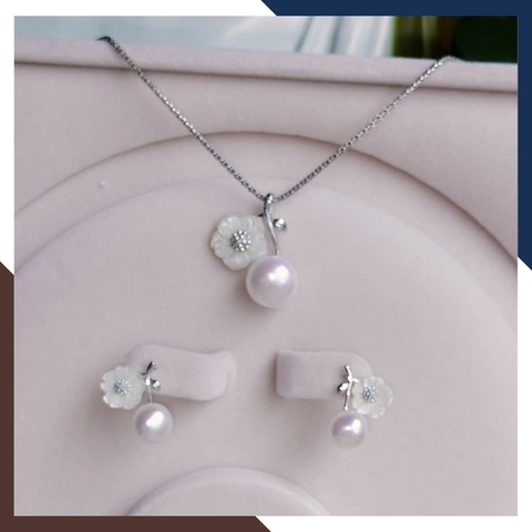 Bộ Trang Sức Ngọc Trai Thật Gồm Dây Chuyền Và Bông Tai Hình Hoa Phối Bạc BTSNT85