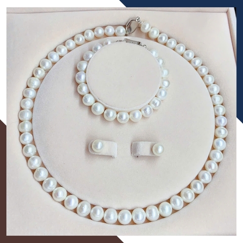 Bộ trang sức ngọc trai thật hạt to 9–10mm màu trắng BTSNT202 – Đơn giản sang trọng