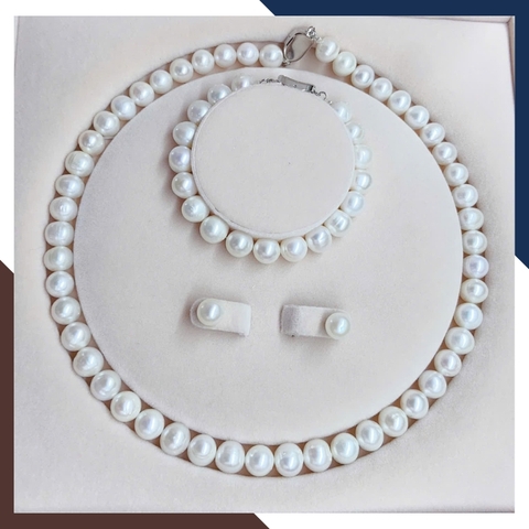 Bộ trang sức ngọc trai thật hạt to 9–10mm màu trắng BTSNT202 – Đơn giản sang trọng