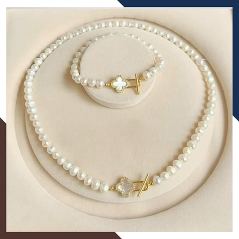 Bộ trang sức ngọc trai thật mix khóa cỏ 4 lá mã K50T78