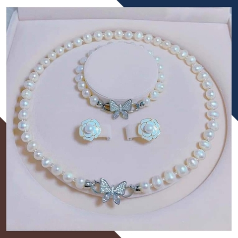 Bộ trang sức ngọc trai mặc áo dài mẫu khoá bướm đẹp BTSNT26