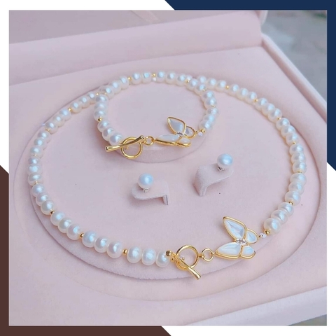 Bộ trang sức ngọc trai thật mặc áo dài đẹp cho nữ mẫu khóa hình con bướm mã K50T78250