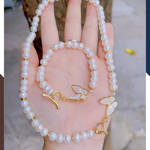 Bộ trang sức ngọc trai thật mặc áo dài đẹp cho nữ mẫu khóa hình con bướm mã K50T78250