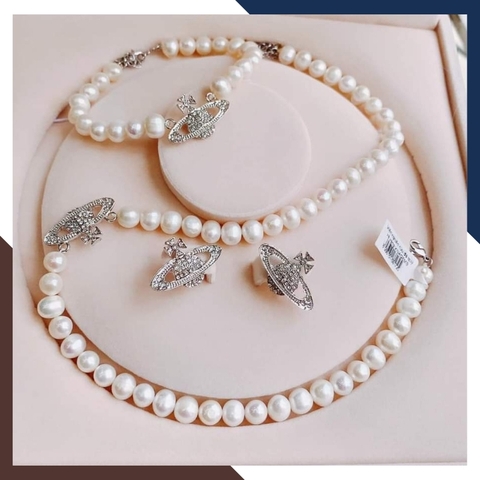 Bộ trang sức ngọc trai thật mặc áo dài trẻ trung cho nữ mẫu mặt hình đĩa bay mã 78CH280