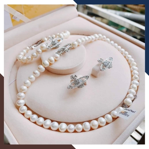 Bộ trang sức ngọc trai thật mặc áo dài trẻ trung cho nữ mẫu mặt hình đĩa bay mã 78CH280