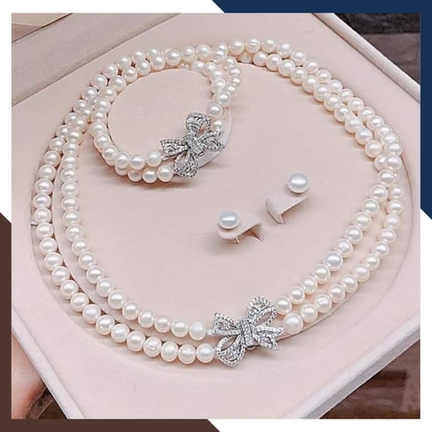 Bộ trang sức ngọc trai thật mặc áo dài đẹp cho nữ, mẫu vòng ngọc trai 2 vòng dáng choker khóa nơ mã 78K70T320