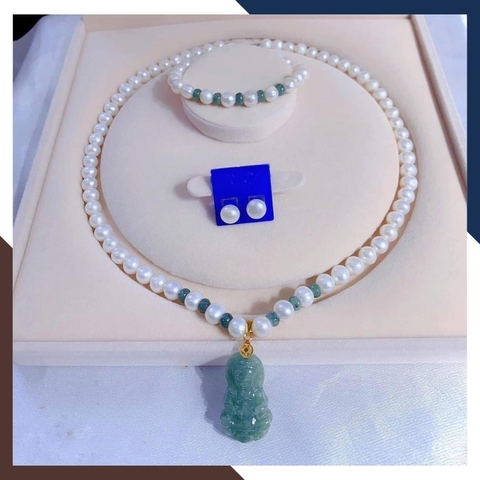 Bộ trang sức ngọc trai thật mặt phật quan âm lam ngọc cho mẹ, phụ nữ trung niên mặc áo dài mã 78AC790