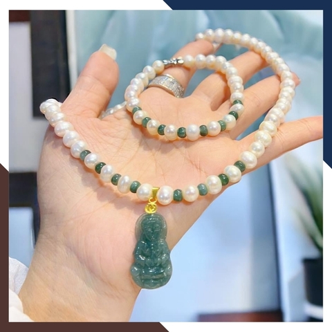 Bộ trang sức ngọc trai thật mặt phật quan âm lam ngọc cho mẹ, phụ nữ trung niên mặc áo dài mã 78AC790