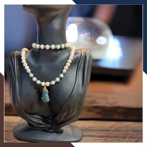 Bộ trang sức ngọc trai thật mặt phật quan âm lam ngọc cho mẹ, phụ nữ trung niên mặc áo dài mã 78AC790